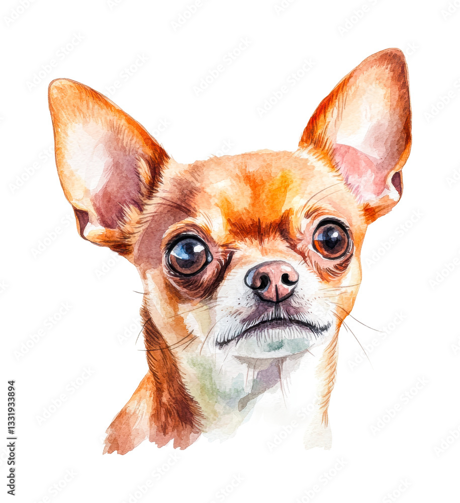 Obraz premium Watercolor painting of a chihuahua dog with alert expression and pointed ears, cut out