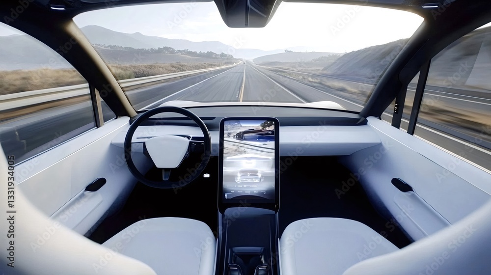 Interior view of a futuristic self-driving electric vehicle cruising along a highway, featuring cutting-edge technology and sleek modern design elements Interior view of a futuristic self-driving electric vehicle cruising along a highway, featuring cutting-edge technology and sleek modern design elements