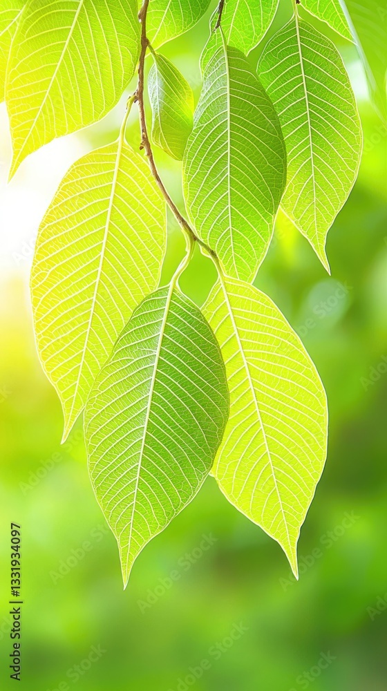 Fresh green foliage against light, with a blurred background for nature beauty presentations Fresh green foliage against light, with a blurred background for nature beauty presentations