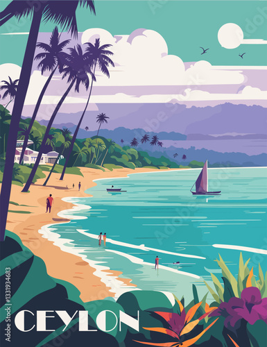 Ceylon, Sri Lanka Travel Destination Poster in retro style. Indian ocean beach print. Exotic summer vacation, tourism, tropical holidays concept. Vintage vector colorful illustration.