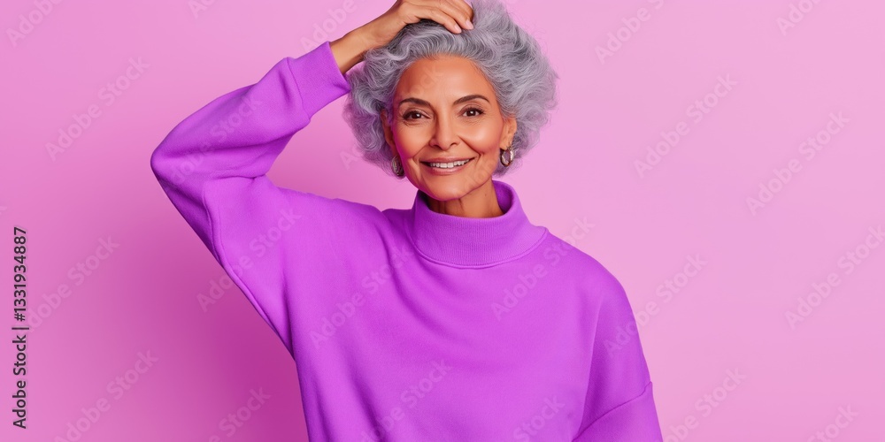 Fototapeta premium A woman with a purple sweater and gray hair is smiling. She is wearing earrings and a necklace