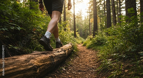 Hiking Through Forest Person Balancing on Log Along Nature Trail