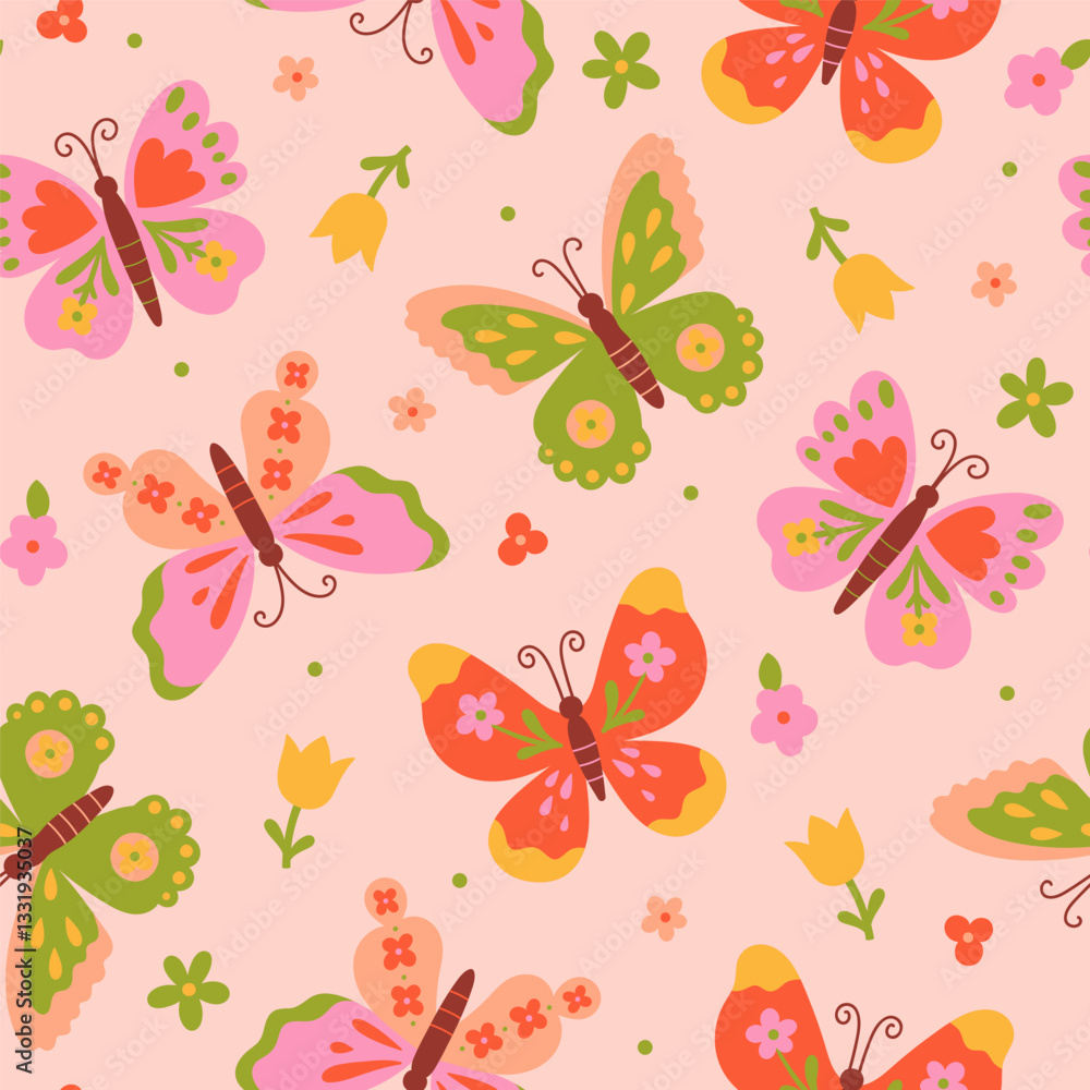 Fototapeta premium Seamless pattern with colorful butterflies and flowers. Vector graphics.