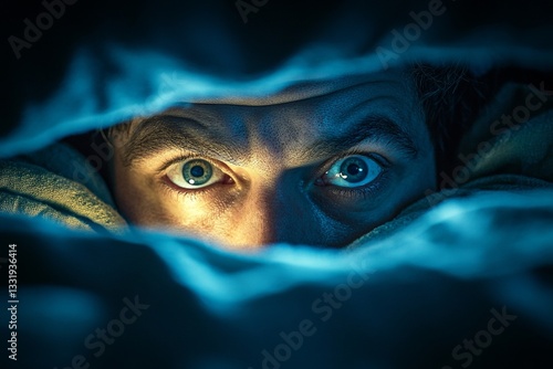 a man's wide eyes peering out from under the covers in the dark.