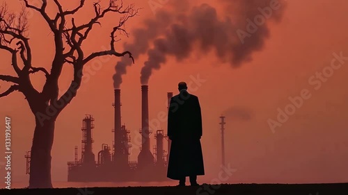Solitary Figure Silhouetted Against Dramatic Orange Sky Observes Industrial Landscape with Smoke from Factory Chimneys and Barren Tree
