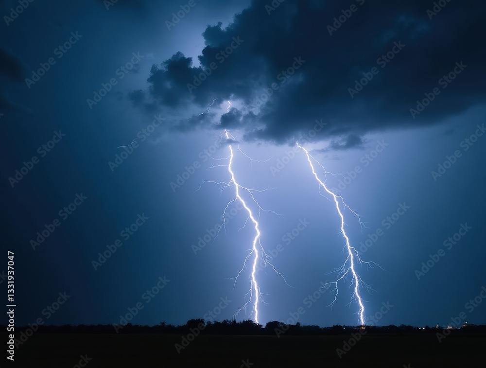 Naklejka premium Lightning bolts striking the ground during dramatic thunderstorm