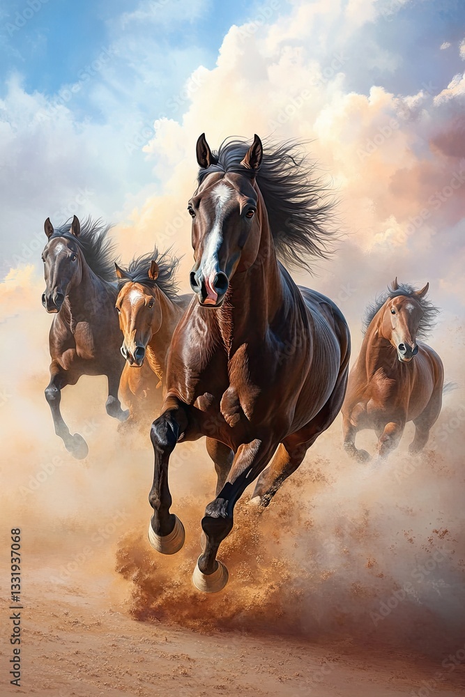 Group of galloping horses running through dust with flowing manes and dramatic sky Group of galloping horses running through dust with flowing manes and dramatic sky