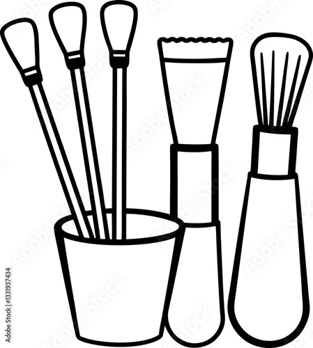 Black and White Illustration of Makeup Brushes for Cosmetic and Beauty Design Projects