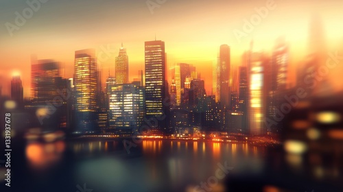 Golden hour cityscape skyline, blurred city buildings reflecting in water at sunset.