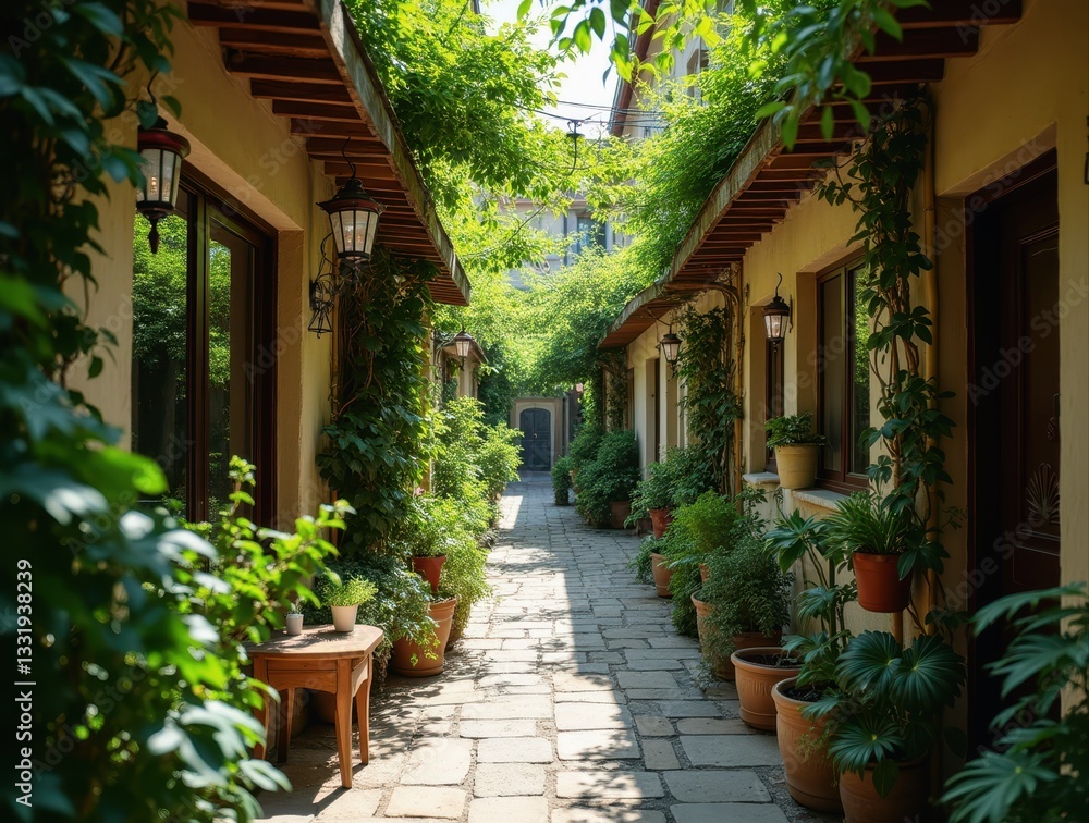Fototapeta premium Narrow alley transformed into green oasis with hanging plants and vines