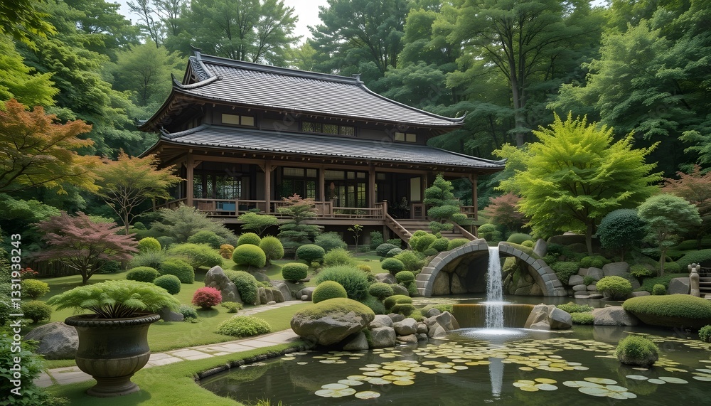 Fototapeta premium 4k high quality Ai generative HD high definition artwork photo realistic Japanese house garden and pond