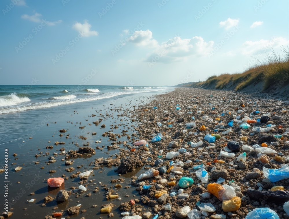 Plastic pollution covering sandy beach by the sea Plastic pollution covering sandy beach by the sea