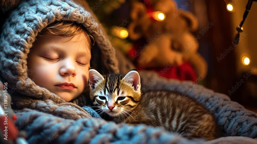 Schlafendes Kind mit einer kuschelnden Katze vor Lichtern