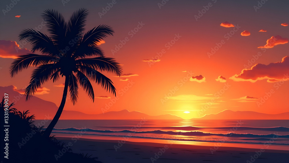 Tropical Sunset: Minimalist Palm Tree Silhouette Over Ocean Tropical Sunset: Minimalist Palm Tree Silhouette Over Ocean