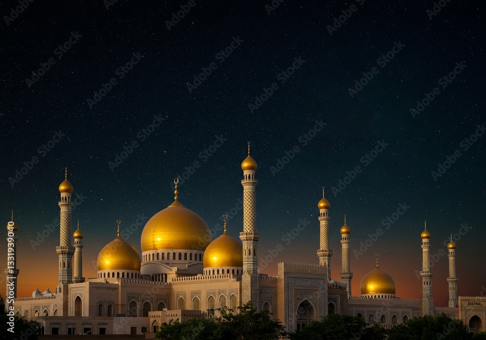 Fototapeta premium Mosque Shines Under Starry Night Sky Architecture with Golden Domes