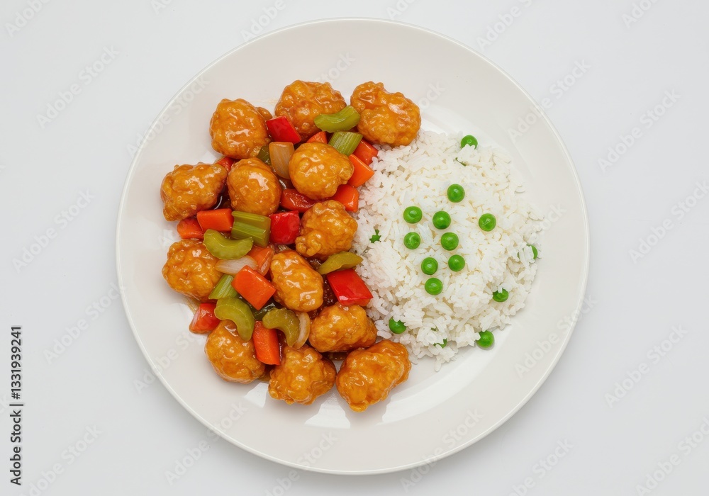 A white plate filled with sweet and sour chicken coated in a glossy sauce accompanied by a mound of fluffy white rice A white plate filled with sweet and sour chicken coated in a glossy sauce accompanied by a mound of fluffy white rice