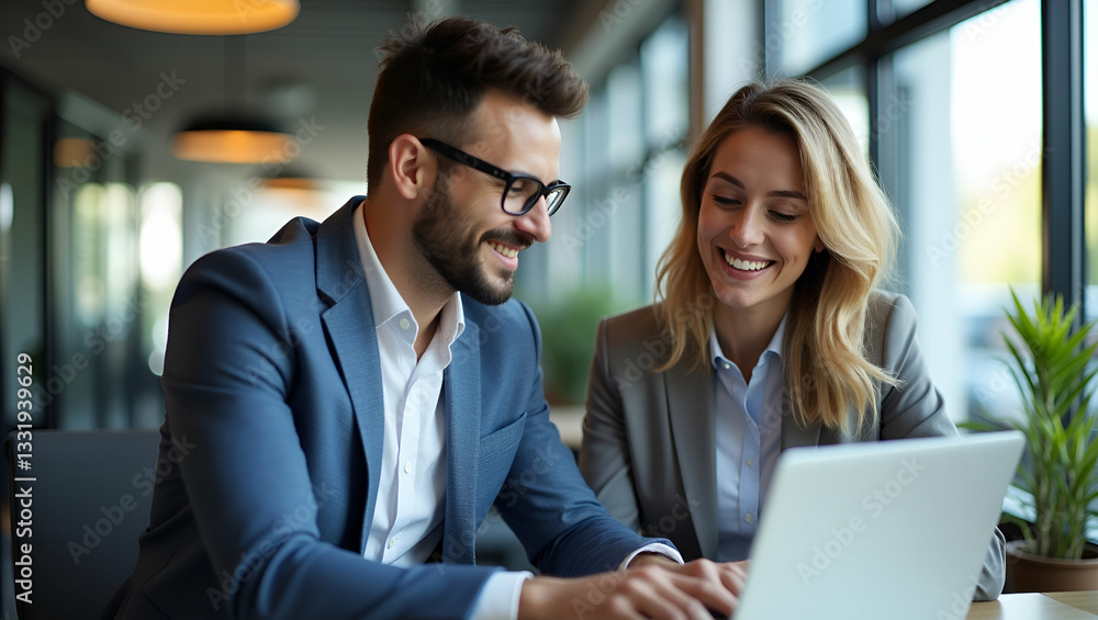 Two Professional Business Colleagues Smiling While Discussing Corporate Technology in Office - Entrepreneurs Collaborating with Laptop in Stock Photo Concept Two Professional Business Colleagues Smiling While Discussing Corporate Technology in Office - Entrepreneurs Collaborating with Laptop in Stock Photo Concept