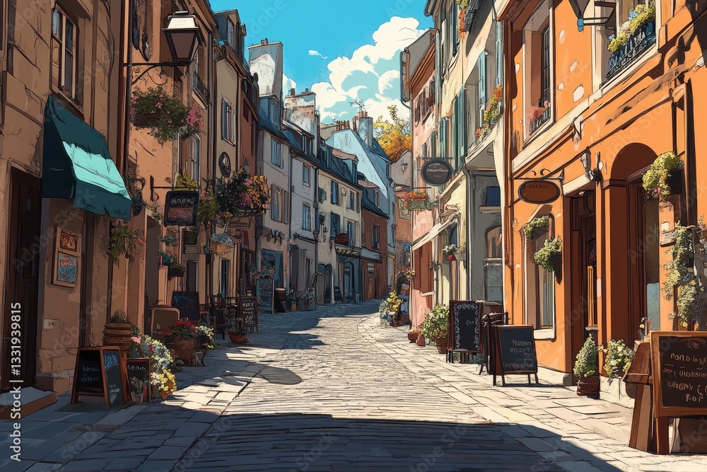 Fototapeta premium Charming cobblestone street in a quaint village with vibrant shops and blooming flowers under a sunny sky