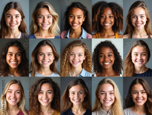 Diverse group of happy smiling teenage girls faces in collage mosaic