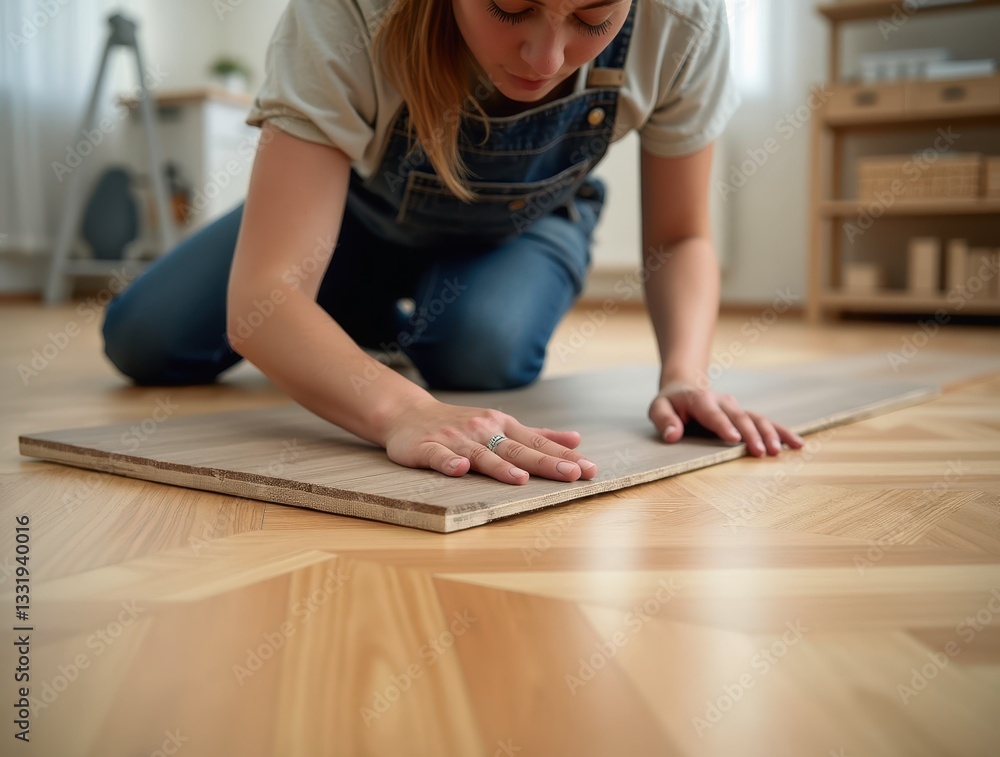 Carpenter laying down wooden parquet flooring in a herringbone pattern Carpenter laying down wooden parquet flooring in a herringbone pattern