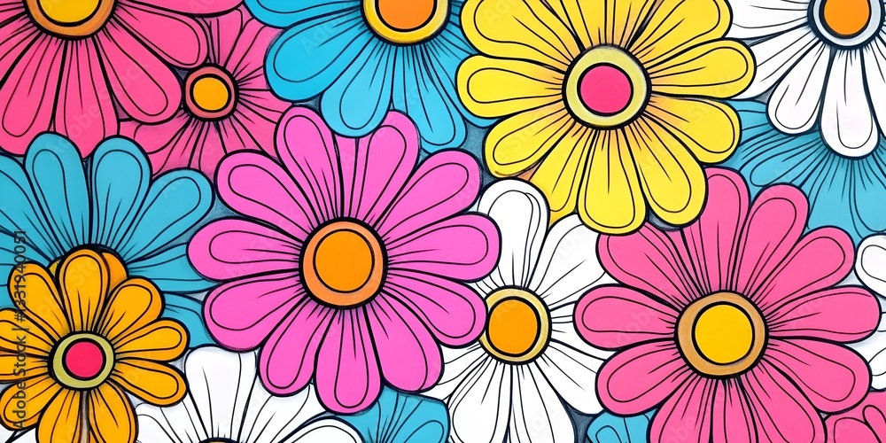 A Kaleidoscope of Colors: A vibrant composition of stylized flowers bursting with a spectrum of hues, offering a refreshing burst of nature. A Kaleidoscope of Colors: A vibrant composition of stylized flowers bursting with a spectrum of hues, offering a refreshing burst of nature.