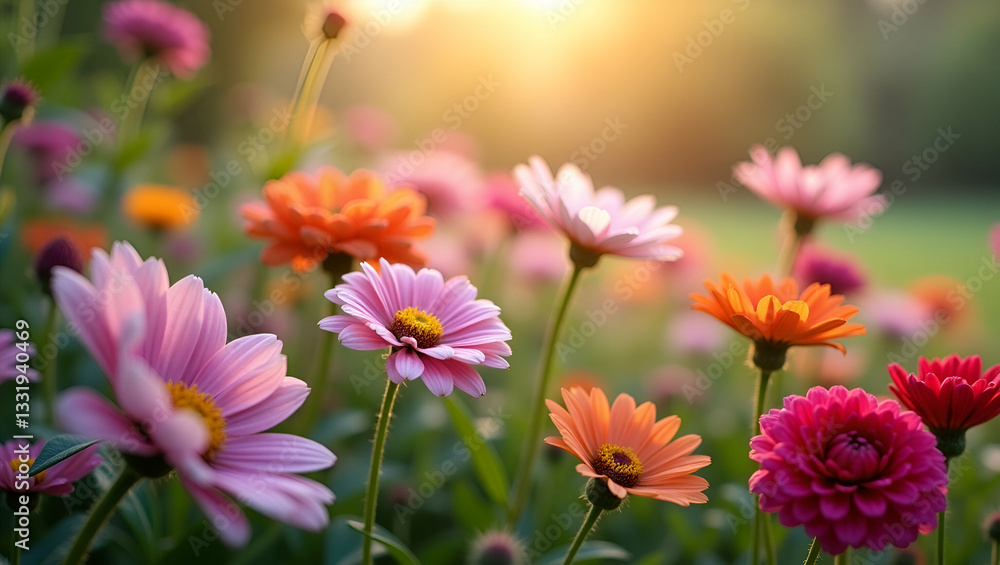 Fototapeta premium Beautiful variety of blooming flowers in garden showcasing botanical diversity and natural beauty as background concept. concept as Beautiful variety of blooming flowers in garden showcasing botanical