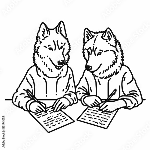 Siberian Husky Couple writing a poem together a minimalist graphic depicting their arctic love story