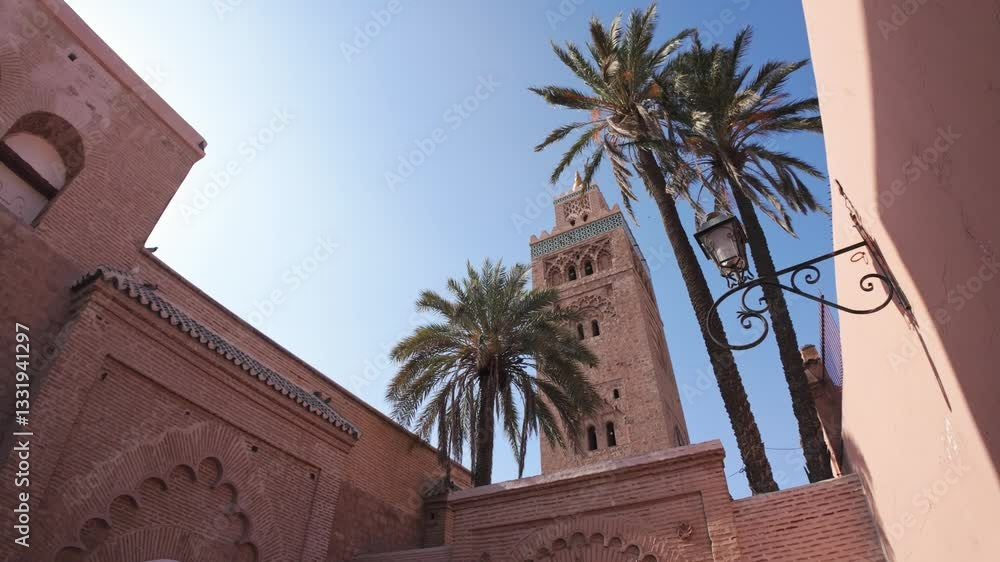 The iconic Koutoubia Mosque tower in Marrakech, Morocco, surrounded by palm trees and traditional Moroccan architecture under a clear blue sky The iconic Koutoubia Mosque tower in Marrakech, Morocco, surrounded by palm trees and traditional Moroccan architecture under a clear blue sky