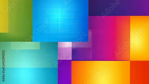 Vibrant Abstract Composition Featuring Overlapping Colorful Squares and Rectangles in Shades of Yellow, Blue, Pink, and Orange with Textured Grid Pattern Creating Dynamic and Energetic Visual Effect