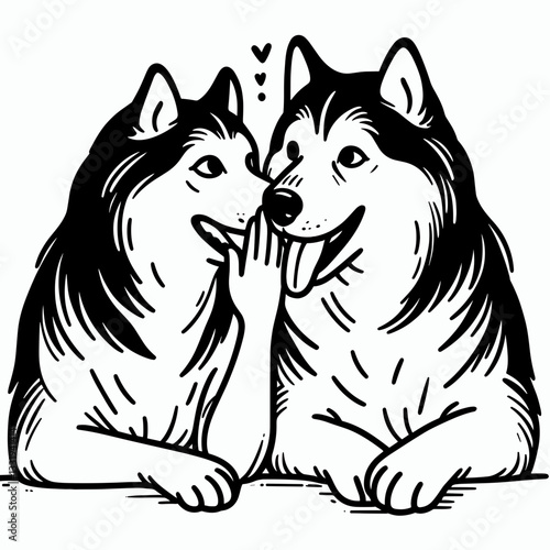 Siberian Husky Couple sharing a secret minimalist vector drawing whispers a clandestine love story.