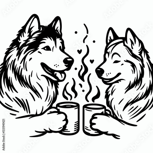 Siberian Husky Couple sharing a warm drink minimalist vector drawing of love and companionship on a cold winter's day