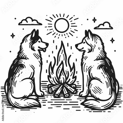 Siberian Husky Couple sitting by the fire minimalist vector graphic depicts arctic love snuggled in winter warmth.