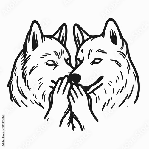 Siberian Husky Couple sharing a secret minimalist vector graphic whispers a hidden truth only they understand