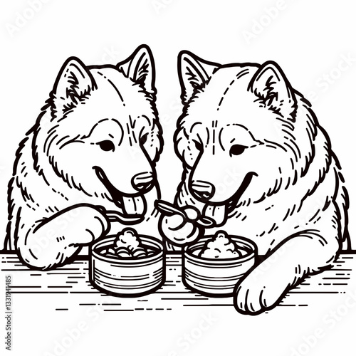 Siberian Husky Couple sharing a meal minimalist vector graphic depicts a loving canine pair enjoying a simple dinner together