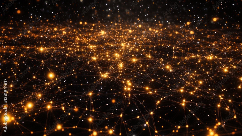 Fototapeta premium Golden network connections forming a constellation-like pattern on a dark background.