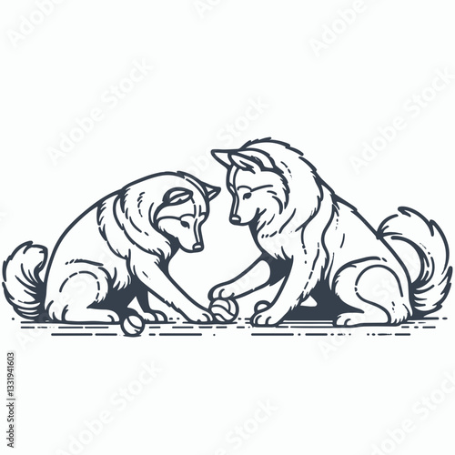 Siberian Husky Couple playing with pets: create a minimalist vector graphic of a playful husky pair and their furry friends