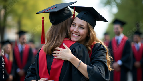 Celebrating Success: Young Female Graduate Hugs Mother at Graduation Ceremony - A Heartwarming Vector Illustration of Educational Achievement and Family Pride