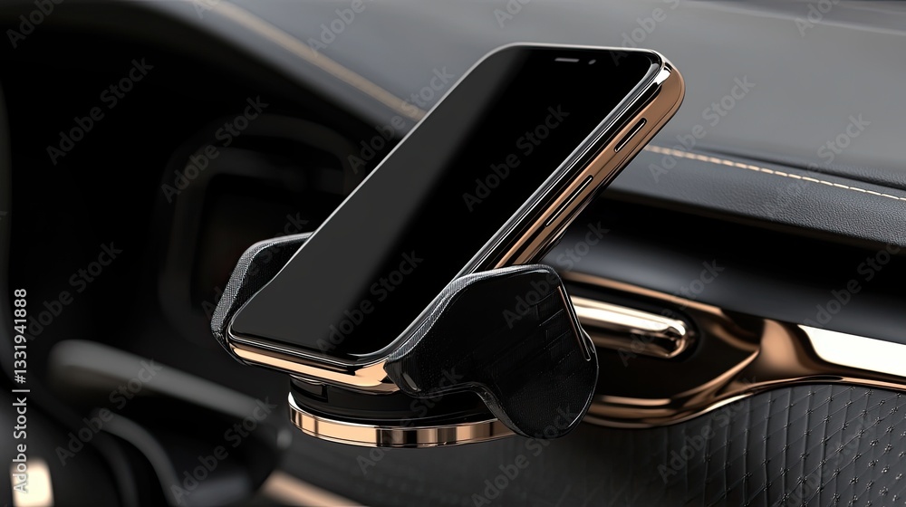 Obraz premium Smartphone in luxury car mount on dashboard with sleek modern interior design