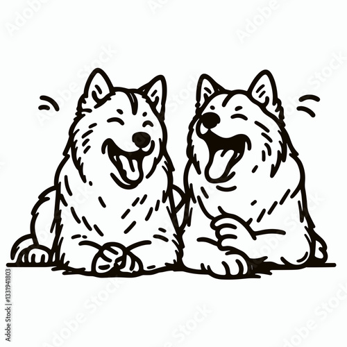 Siberian Husky Couple laughing together a minimalist vector drawing depicts joyful arctic dogs playfully frolicking