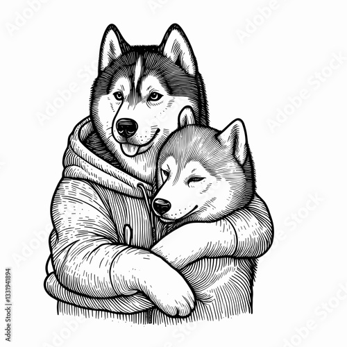 Siberian Husky Couple hugging tightly in a simple monochrome minimalist vector outline drawing depicts love and loyalty