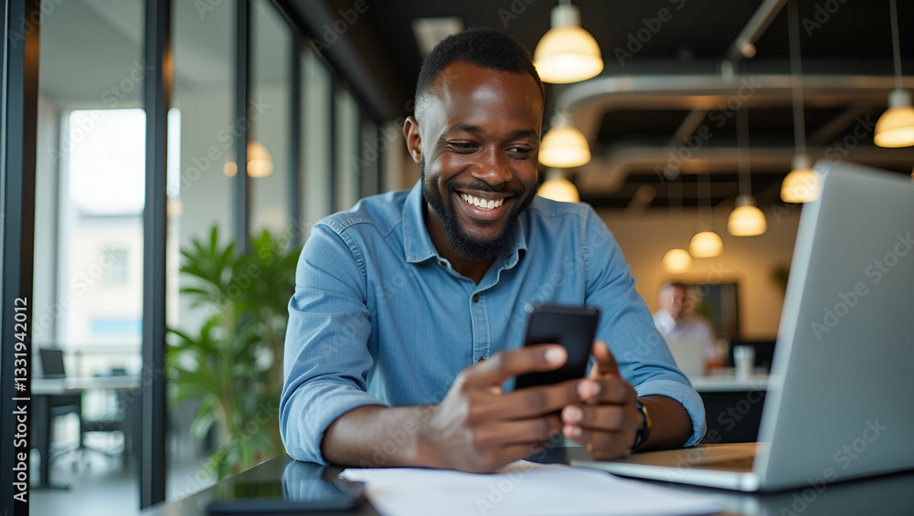 Portrait of happy African business man employee or student using smartphone at work smiling young adult male professional worker holding cell phone smart mobile tech working in office sitting at desk Portrait of happy African business man employee or student using smartphone at work smiling young adult male professional worker holding cell phone smart mobile tech working in office sitting at desk