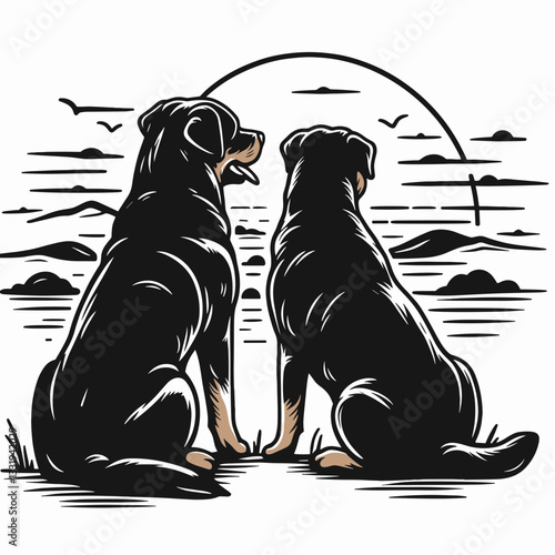 Rottweiler Dog Couple watching sunrise minimalist silhouette graphic—a loyal pair greets the new day with unwavering love.