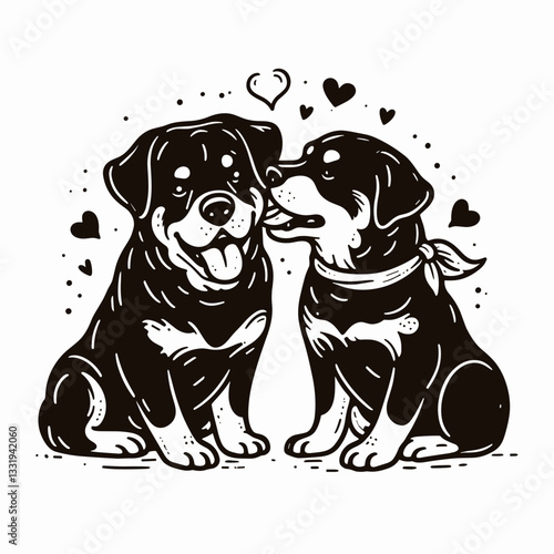 Rottweiler Dog Couple whispering sweet things a minimalist vector outline drawing of love and devotion