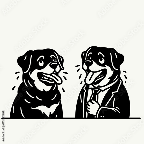 Rottweiler Dog Couple telling jokes a minimalist vector graphic shows their playful bond