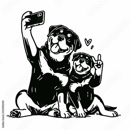 Rottweiler Dog Couple taking silly pictures a minimalist vector graphic shows playful pups posing goofily