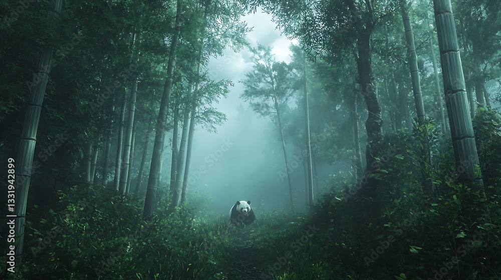 Fototapeta premium Panda walks through a dense bamboo forest with thick morning fog and cinematic atmosphere.