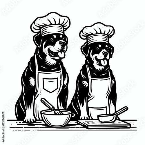 Rottweiler Dog Couple taking a cooking class vector illustration shows two dogs playfully preparing a gourmet meal