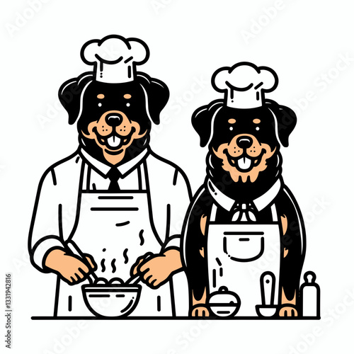 Rottweiler Dog Couple taking a cooking class minimalist vector drawing flourishes with whisks and bowls