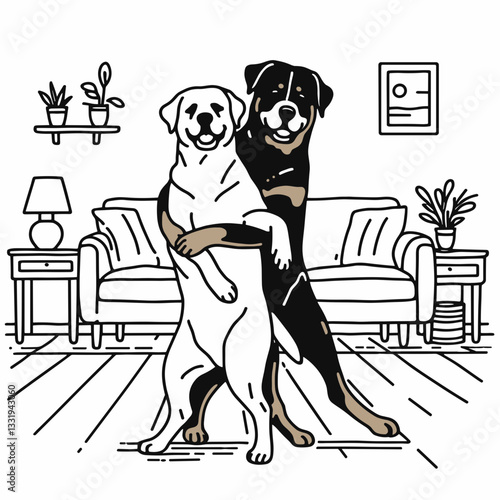 Rottweiler Dog Couple slow dancing in the living room, a minimalist vector outline drawing of pure love.