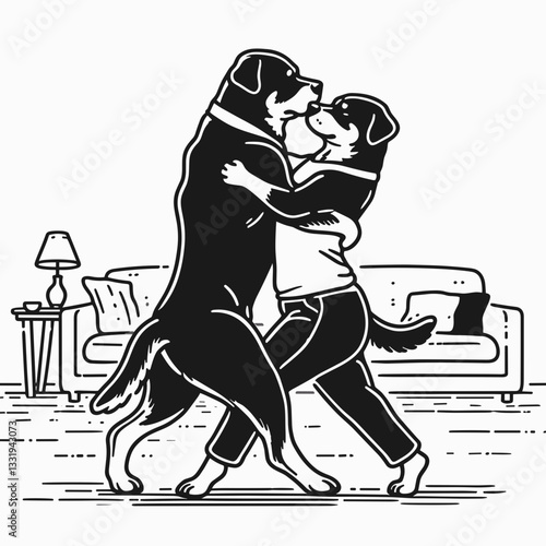 Rottweiler Dog Couple slow dancing in the living room  a minimalist vector graphic depicts their loving evening waltz